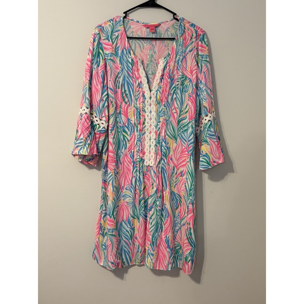 Lilly Pulitzer Hollie Tunic Dress L Tropical Palm Print Lace Trim Shift Rayon